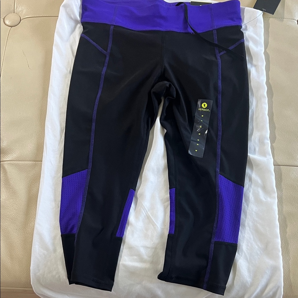 Xersion Black Leggings with Purple Stitching